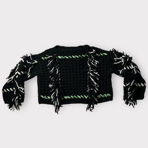 Black/white/neon green Topshop oversized open knit  sweater with fringe Size Med